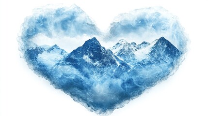 Obraz premium A heart-shaped cloud formation envelops a majestic snow-capped mountain range, creating a serene and romantic winter landscape