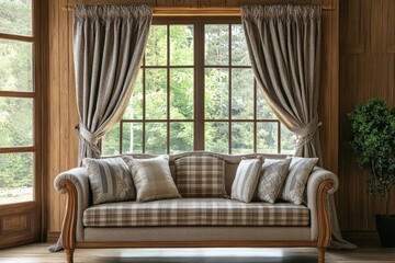 Fototapeta premium Classic wooden living room featuring elegant sofa near large window with lush greenery outside, interior house wooden classic living room with a window and curtain, sofa outdoor view and freshness