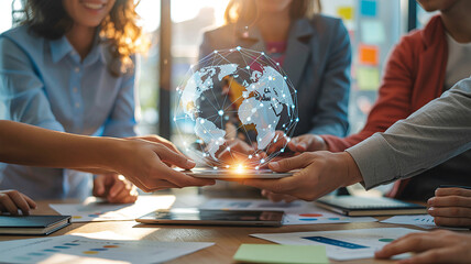 Hand holding of global digital network connection, online education platform virtual classroom interactive learning modules, seamless communication accessibility knowledge sharing skill development