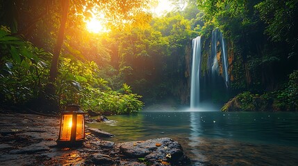 Waterfall illumination lantern glows by serene lake