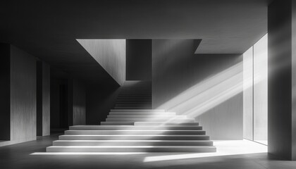 Obraz premium Minimalist Geometric Staircase with Dramatic Natural Light in Modern Abstract Building Int