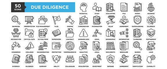 50 Due Diligence icon set. Containing design business, finance, concept, analysis, financial, investment	