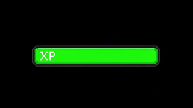 A pixelated green experience bar with the letters xp on a black background, pixel art style bar