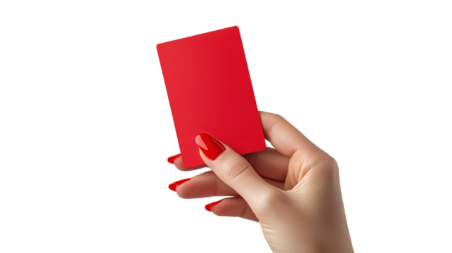 Hand holding a blank red card isolated on transparent background. PNG