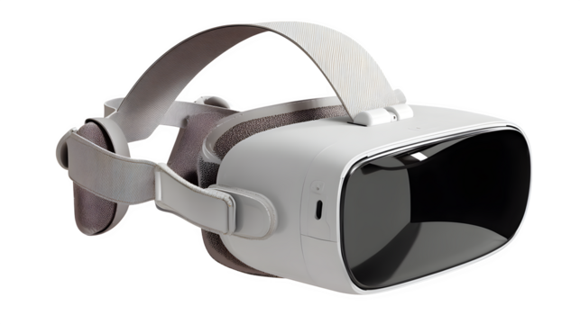 A virtual reality headset with a high-resolution display and comfortable straps, isolated on Transparent Background.