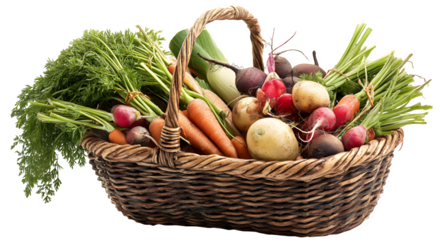 A woven basket filled with freshly harvested, organic vegetables, isolated on Transparent Background.