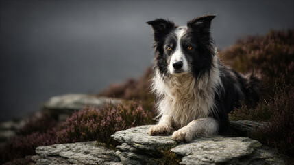 A border collie dog resting on a rocky outcrop with heather against a blurred grey background outdoors
