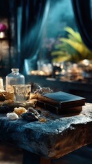 Mystical Antique Setting with Old Book and Crystals. Generative AI