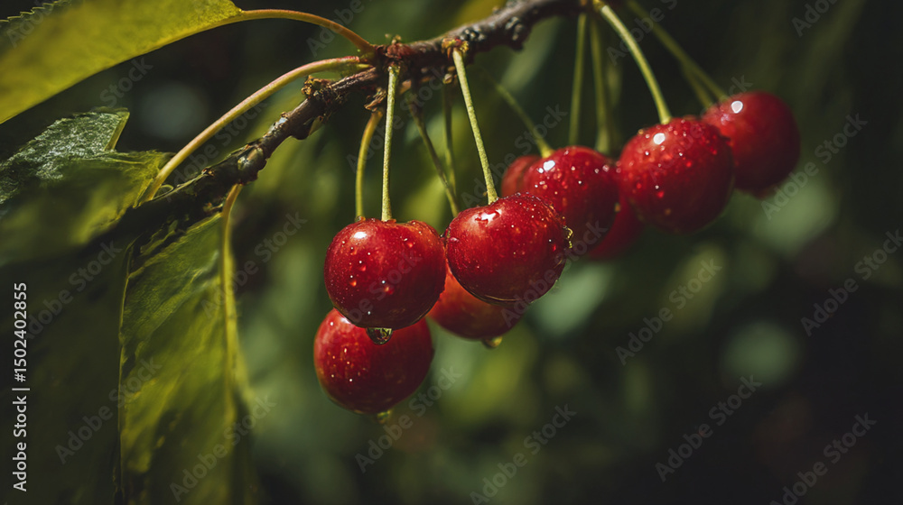 Poster a close up of a branch with several red cherries hanging from it and green leaves in the background