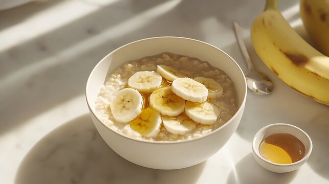 Bowl of Oatmeal Topped with Banana Slices and Honey