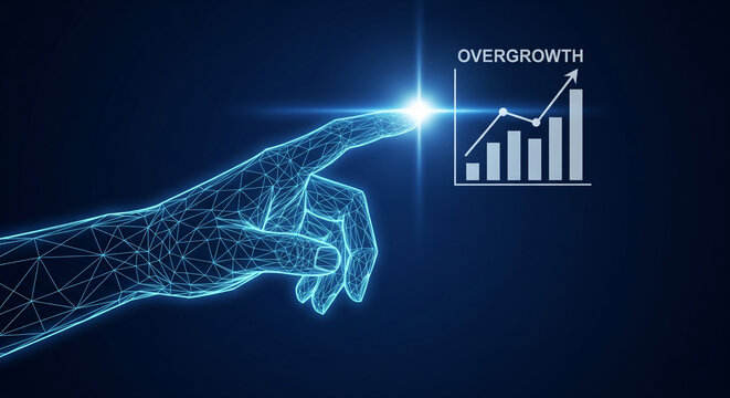 Digital hand touching overgrowth graph representing data analysis and financial growth concepts