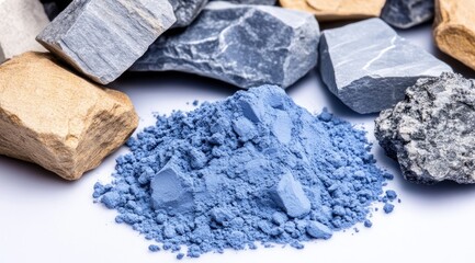 A pile of light-blue powdered mineral sits amidst various rough, irregularly-shaped stones in shades of blue, gray, and tan against a stark white background
