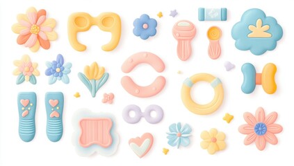 Pastel-colored, 3D-style objects, including flowers, accessories, and toys