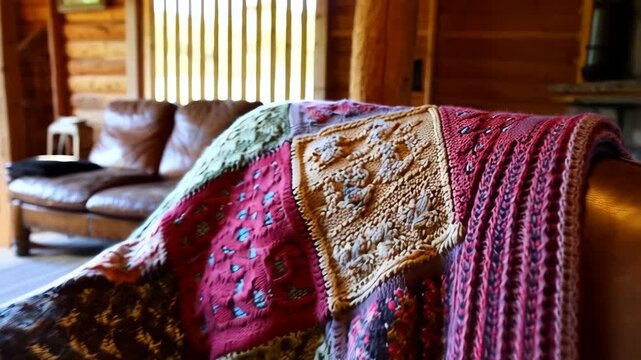 Warm rustic cabin interior with a handcrafted patchwork quilt draped over a leather couch, sunlight streaming through vertical blinds