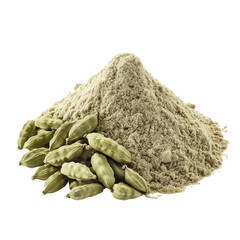 Green cardamom pods and powder isolated on transparent background