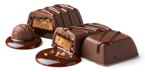 Chocolate candy with poured chocolate isolated on a white background, perfect for confectionery branding, dessert packaging, gourmet advertising, and digital food content creation.