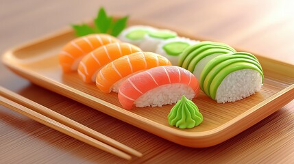 Platter of colorful sushi on wooden tray