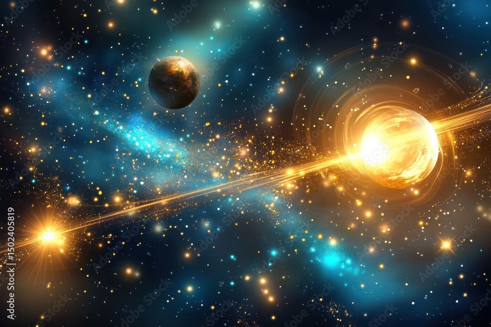Aufkleber exploring the cosmos with radiant light and celestial spheres in a vibrant space environment, space 