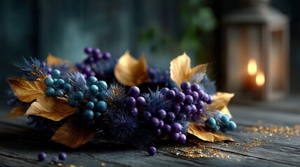 Rustic fall wreath with dry leaves and berries on wooden background. Generative AI
