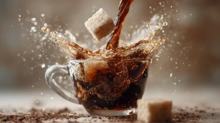 Coffee being poured into a cup with sugar cubes, creating a splash