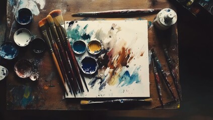 Artist's palette with paint and brushes on a wooden table