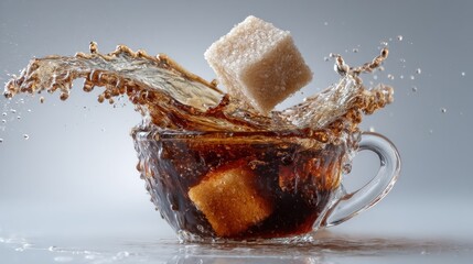 Sugar cubes falling into a drink with a splash