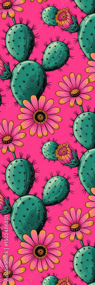 Poster cactus flower pattern on pink backdrop a desert bloom in full color a seamless design for textiles a