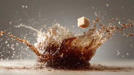 Sugar cube exploding into a dark drink with a dramatic splash