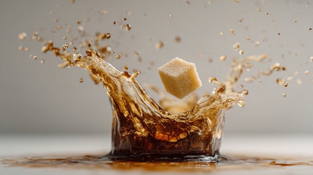Sugar cube splashing into dark soda drink