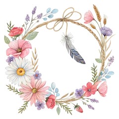 Fototapeta premium Bohemian Wildflower Garland with Feathers and Twine, boho flower garland, wildflower wreath, bohemian decor, floral twine, rustic bouquet, awe, surreal, spectacular, creativity, elegance, majestic