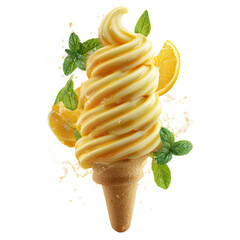 A close up of a swirl of orange and yellow ice cream in a cone with mint and orange slices around it
