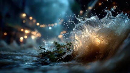 Floodwaters rushing through a city street debris carried by the force of the water. Generative AI