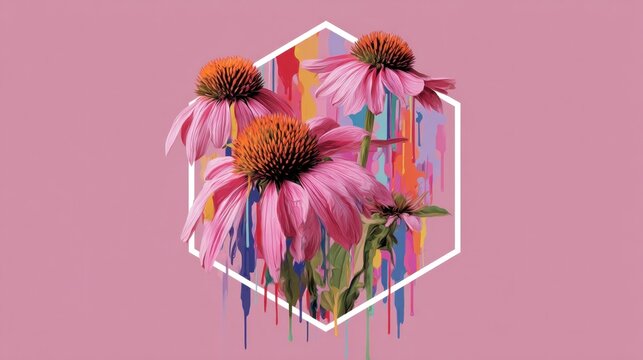 Pink flowers in hexagon frame with dripping paint