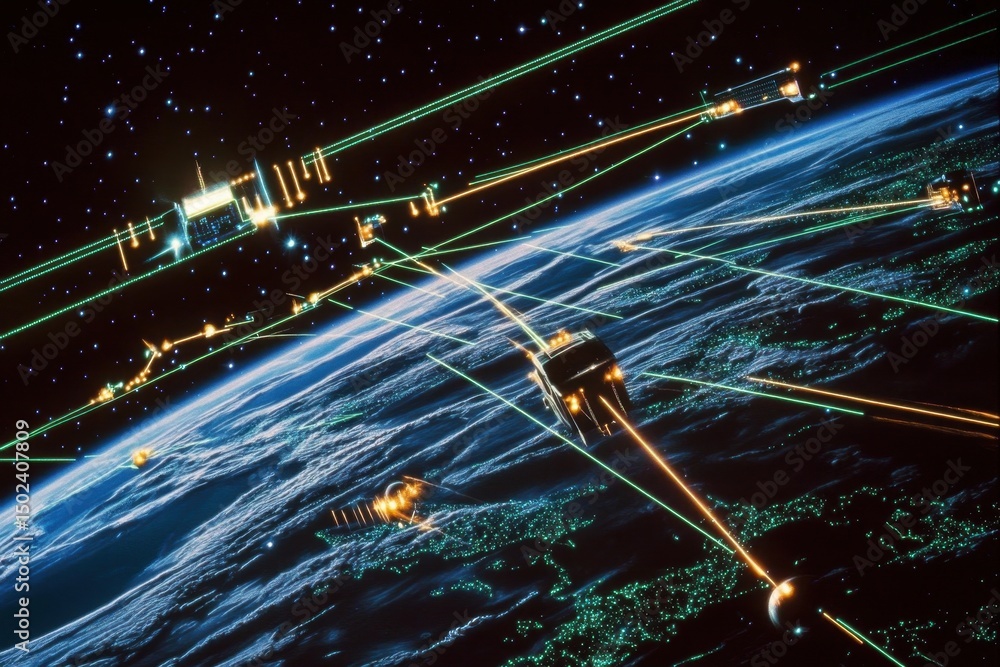 Poster digital network connections expanding over earth with data processing interactions in space, digital