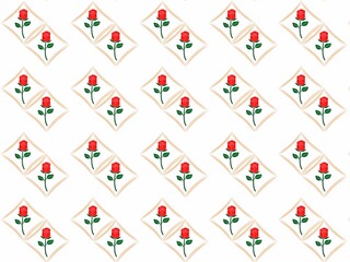 Repeating pattern of red roses with green leaves, arranged in a diamond shape on cream background, pattern for batik fabrics, clothing, and home decor.