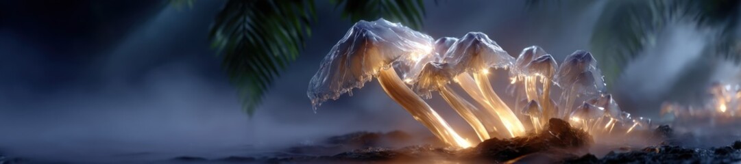 Surreal glowing mushrooms in a fantasy forest at twilight. Generative AI