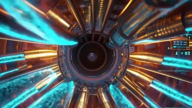 Cutaway view of a fusion reactor showing plasma swirling inside magnetic containment fields, with energy output data visualizations overlaying the process.
