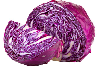 Half-Cut Red Cabbage with Intense Violet Veins and Crisp Texture on White Background, On Transparent Background, Png