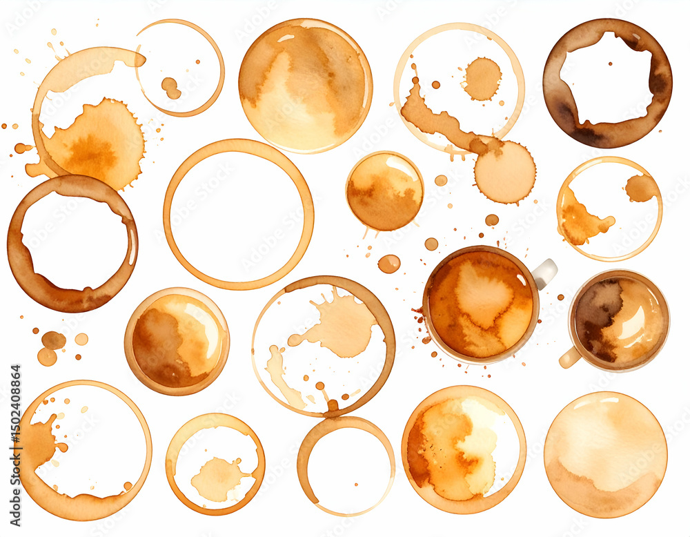 Poster collection of coffee stains in various shapes and sizes, some with splashes
