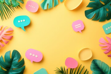 Tropical leaves and speech bubbles on yellow background