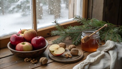 Fototapeta premium Cozy winter still life: Apples, honey, and nuts by a snowy window
