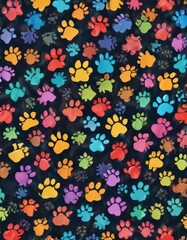 Bold, multicolored paw prints, repeating doodle pattern ,  seamless,  colorful design