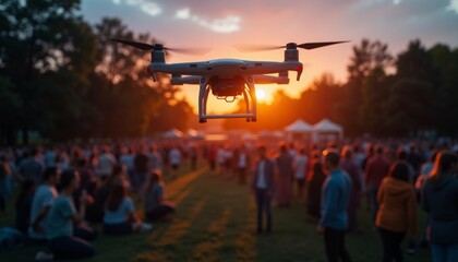 Drone flying over large crowd at sunset, capturing vibrant energy and summer scene