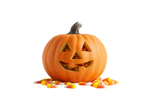 Halloween Pumpkin with Carved Face and Candy Corn Surrounding It on Dark Background, On Transparent Background, Png