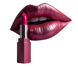 Shiny pink lips with matching lipstick close up, glamorous and bold beauty style