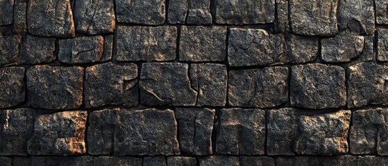 Obraz premium Dark, rough-hewn stone wall, showing irregular, square-ish blocks fitted closely together