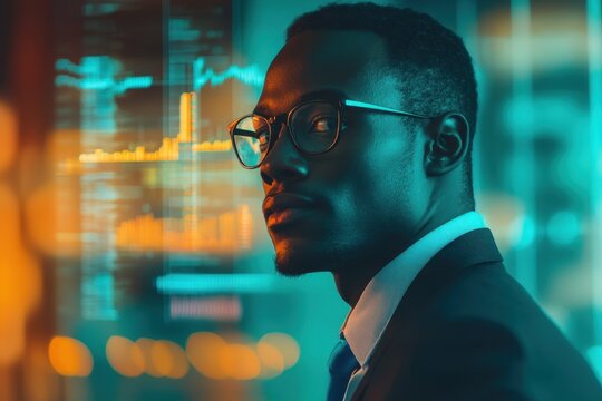 Financial data analysis with focus on African American professional in modern office setting, financial data processing over african american businessman in office - Powered by Adobe