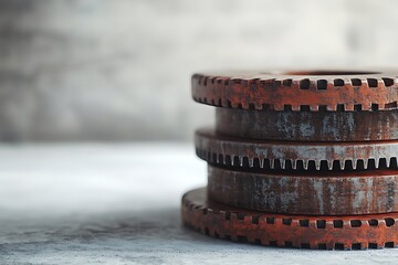 Stack of rusty industrial gears with a vintage, weathered texture against a textured, neutral background