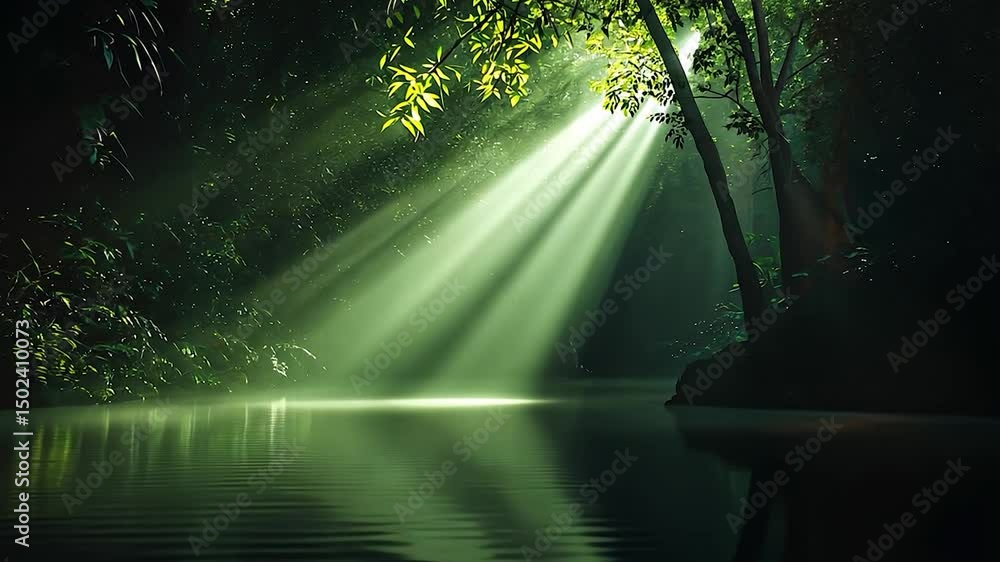 Poster sunlight streams through a dark forest over a still river.