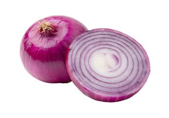 Halved Red Onion with Complex Concentric Rings and Papery Outer Skin on White Background, On Transparent Background, Png